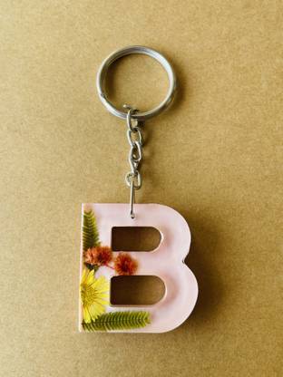 crafcan Resin Keychain letter B with real flowers. Key Chain