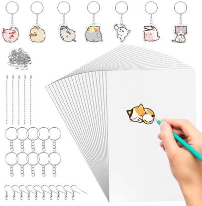 Ofifo 145Pieces Shrink Plastic Sheet Kit Include 10 PCS Shrinky Art Paper with 100 PCS Key Chain