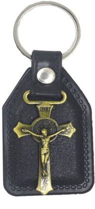 AFH Lord Jesus Bronze Holy INRI Cross Black Leather Key Chain for Men and Women Key Chain