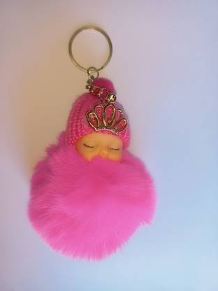 DORRON Sleeping baby cute baby, pom pom keychain and keyring- pink color Key Chain