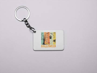 DOGAR ESSENTIALS Halloween Orange Text -Pumpkins And Ghosts-Printed acrylic Keychain(Pack Of 2) Key Chain