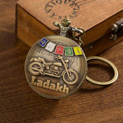 Tiny Tim Ladakh Bike Vintage Pocket-Watch Antique Gandhi Style Metallic Keychain Gifting Antique Ladakh Bike Pocket Watch Keychain Bronze Metal Pocket Watch Chain