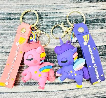 SRG Rubber Pretty Unicorn Keychain with Rainbow Charm Set of 2 Key Chain