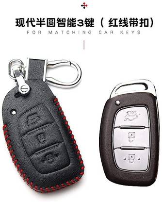 HASTHIP Car Key Case Soft Leather Key Cover for Hyundai 3 Button Smart Key with Keychain Key Chain