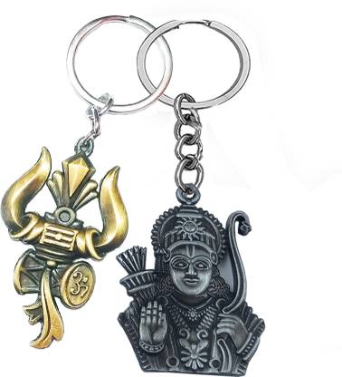 KV Fashion Jai Shree Ram Grey Metal Key Ring With Shiv Shankar Gold Trisool Combo 01 Key Chain