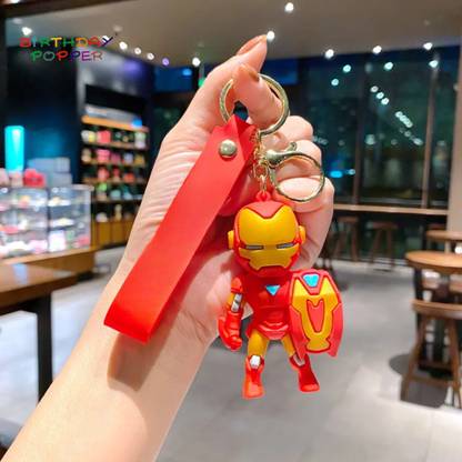 Birthday Popper Iron Man Keychain– 3D Rubber Superhero Figure with Strap & Metal Keyring Key Chain