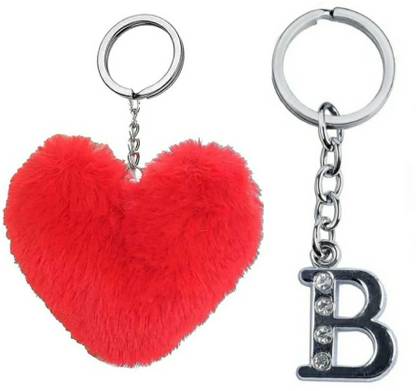 ROYALHUB Red heart pom pom & alphabet b letter key chain key ring Key Chain
