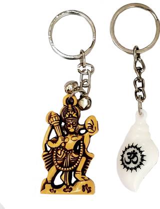 Loja collection Wood Finish hanuman with Om logo Sankh (shell) combo Key Chain