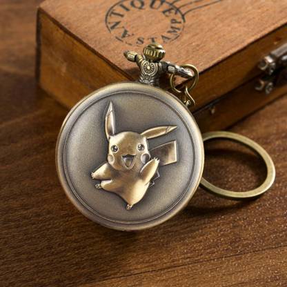 Classic Quirk Gandhi Style Vintage Anime Pokemon Theme Pikachu Design Embossing Pocket Watch Key Chain