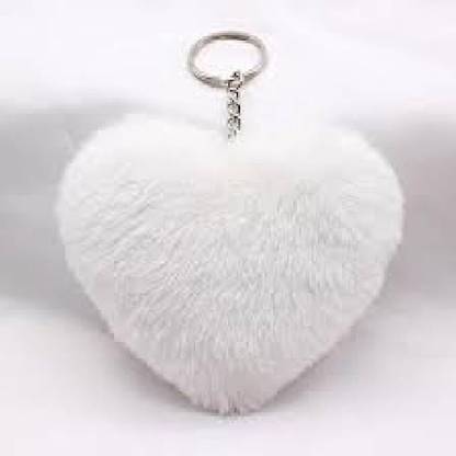 तेज़ गिफ्ट्स Heart Shaped Fluffy Faux Fur Pom Pom Key Ring for Bag,Scooty,Car Keys-(White) की चेन