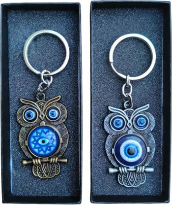 JNV Evil Eye Owl for Good Luck Charm Metallic Keychain for Car and Home (Pack of 2) Key Chain