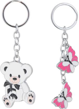 twilight shine Cute Keychain Set: Teddy Bear and Pink Butterflies Key Chain