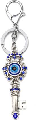 Lenity Annie Blue and Silver Evil Eye with Key Shape Keychain For Bike/Car Key Chain