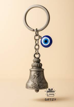 Giftzy Guardian Bell Evil Eye Falcon Keychain Silver Finish Lucky Ghanti Charm for Bike Key Chain