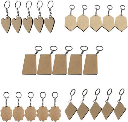 PRINTWORLDSHOP MDF Plain Keychain Set of 25 pcs (Square,Rectangle, Hexagoan,Heart,Scallop) Key Chain