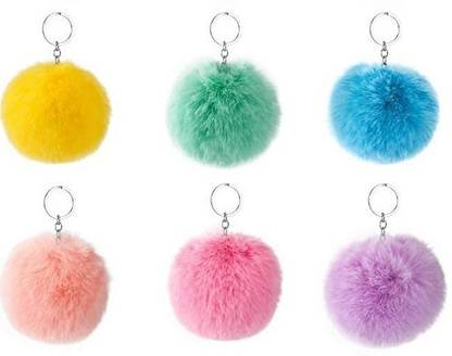 INDSMART Fluffy Faux Fur Pom Pom Key Ring for Girls Bag,Scooty Keys,Car Hanging (Pack-6) Key Chain