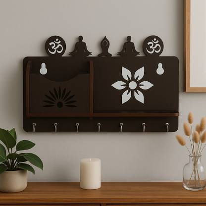 Kallak Wooden Key Storage Shelf with Yoga Mudra Accent Wood Key Holder