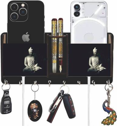 ISHATVA goutam buddha Wooden 2 Pocket Mobile and Pen holder 6 Hooks Wood Key Holder Wood Key Holder