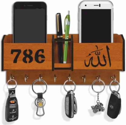 nikhaaar 2 Pocket Pen Stand 786 Up Art 8 Hook Brown Wood Key Holder Wood Key Holder