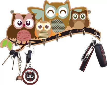 phical art Stylish Wooden Owl Family Key Holder For Home Decor| Key Holder With 7 Hooks| Wood Key Holder