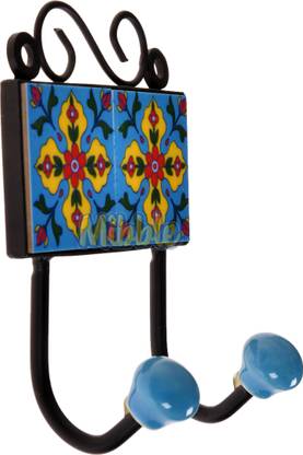 Mibble Original Blue Pottery Ceramic Tile Wall Hook Hangers (2 hooks) Marble Key Holder