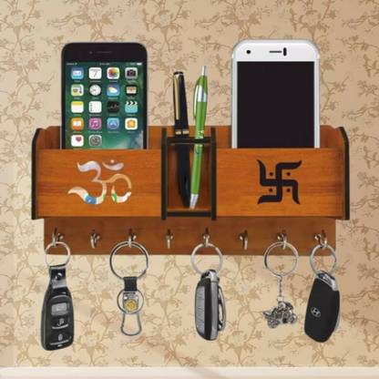 Niya Krafts OM Shape Wooden Keychain Holder With Mobile Stand,Pen Stand And 8 Hooks Wood Key Holder