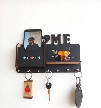 jai shree shyam collection 1 Shelf MH-Flwr(YB) Wood Key Holder (7 Hooks, Black) 5 inch x 10.5 inch Wood Key Holder