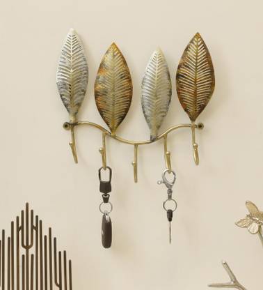 Vedas Four Ginko Leaf Metal Wall Hooks for Keys Decorative Ker Holder Iron Key Holder
