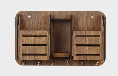 Trust Zone Brown Finish Premium Multi Purpose Key Holder With Double Mobile Phone Stand Wood Key Holder