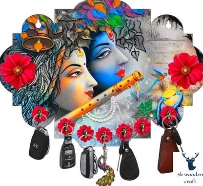 SK PARO Radha Krishna wood key holder 7 Hooks Wood Key Holder