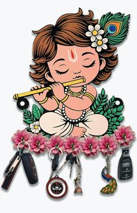 TheAkCrafts LittleKrishna-7Hook Wood Key Holder