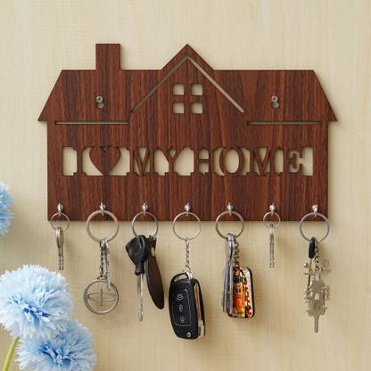 JaipurCrafts Premium I Love My Home Wooden hut Shape Key chain holder for home Wood Key Holder