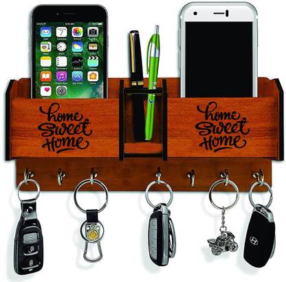 AAYOG CREATIONS Home Sweet Home Key Hanger And 2 Poket Wood Key Holder (8 Hooks, Brown) Wood Key Holder