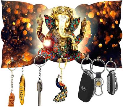 BS NATURAL Wooden Ganesha Key Holder Stand/Wall Hooks Stand/Key Holder for Home Office/Wall Mounted Key Holder/Key Hold/Key Chain Hanging Board/Wall Hanging Key Holder Ganesh JI Design - Wooden Colour Wood Key Holder