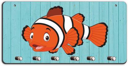 CVANU Little Fish Printed on Wooden Key Holder with 6 Strong Knob Hooks_cv13 Wood Key Holder