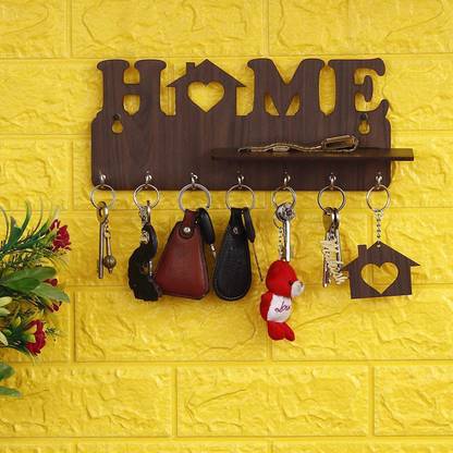 WEBELKART Designer Home Keys Wooden Key Holder with 7 Hooks, Free Keychain Wood Key Holder