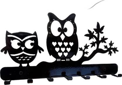 PRIME METAL Designer Owl Shape Metal 7 Hooks Key Holder for Hanging Key, Cloth, Bags, Belts Stainless Steel Key Holder
