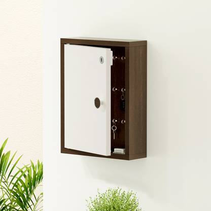 BLUEWUD Torene Wall Mount Key Box Cabinet, Key Holder with Locker Upto 18 Keys Wood Key Holder