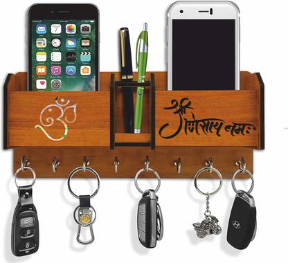 APS Art Plus Store Om Shree Ganeshay Namh Wood Key Holder With mobile Stand And Storage Box Wood Key Holder