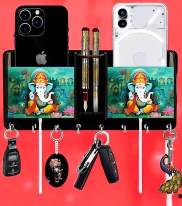 Kulthia Creation Multifunctional Key Holder with Ganesha Art, Phone Holder, Pen Stand,Key Hooks Wood Key Holder