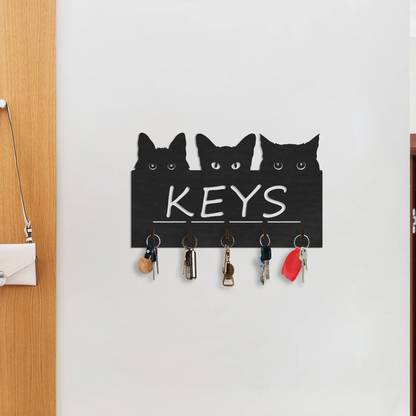 Shadow Cat-Themed Wall Key Holder – Decorative Wooden Key Rack with 6 Hooks Wood Key Holder
