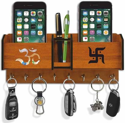 Décor & Design Om Swastik Wooden 2 Pocket Pen Stand 8 Hook Wood Key Holder Wood Key Holder