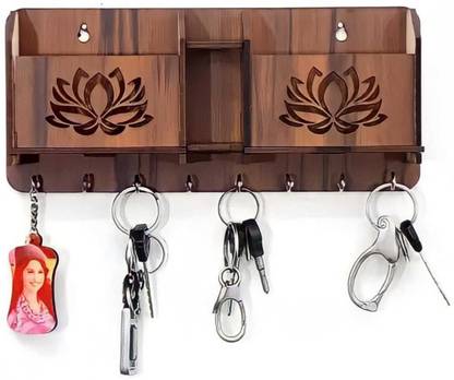 Paladiya Krafts KAMAL Shape Wooden Keychain Holder With Mobile Stand,Pen Stand And 8 Hooks Wood Key Holder