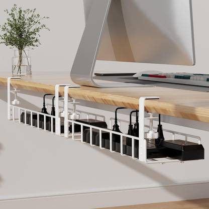 GEO FASHION 2 Pack Cable Management Under Desk Tray, No Drill Under Desk Wire with Clamp, Keyboard Tray