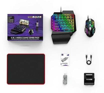 Confiavel 5 in 1 One Hand Non Mechanical Gaming Keyboard and Backlit Mouse Combo Set Bluetooth Standard Gaming Keyboard Compatible with Desktop, Laptop, Mac