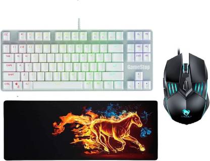 FKU GameStop Gaming Mechanical With Horse Mouse Pad T-WOLF Mouse Wired USB Laptop-size Gaming Keyboard Compatible with Desktop, Laptop, Mac