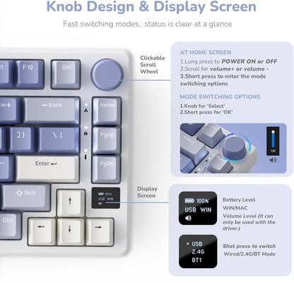 RK ROYAL KLUDGE RK M75 Wireless (RK Yellow Switch) Bluetooth, Wireless Laptop-size Gaming Keyboard Compatible with Desktop, Laptop, Mac