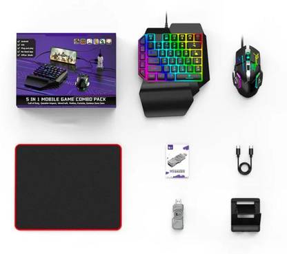 Confiavel 5 in 1 Mobile Game Combo Pack with RGB Mini Gaming Keyboard & Mouse Bluetooth Standard Gaming Keyboard Compatible with Desktop, Laptop, Mac