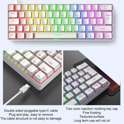 Lyla Wired 62Keys Mechanical Gaming Keyboard Backlit for Gaming Typing white Blue sw Wired USB Standard Multi-device Keyboard Compatible with Desktop, Laptop, Mac