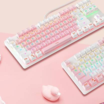 Lyla USB 87 Keys Blue Axis Cute Wired Gaming Keyboard Quiet Design White+Pink Wired USB Standard Multi-device Keyboard Compatible with Desktop, Laptop, Mac